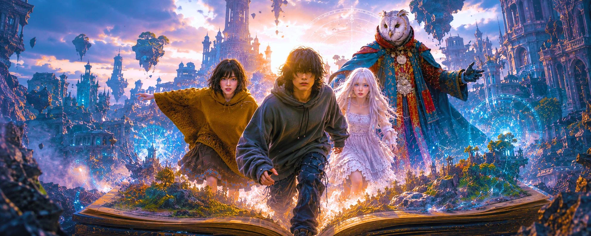 巨大な開かれた本の上に立つ三人と、フクロウの頭を持つ奏者。本の中には浮遊する島と光の街が広がっている。